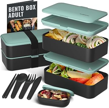 Bentoheaven Premium Bento Box Adult Lunch Box with Compartments for Women & Men, Set of Utensil & Chopsticks & Dip Container, Cute Japanese Kids Bento Lunch Box, Microwavable Billie Green