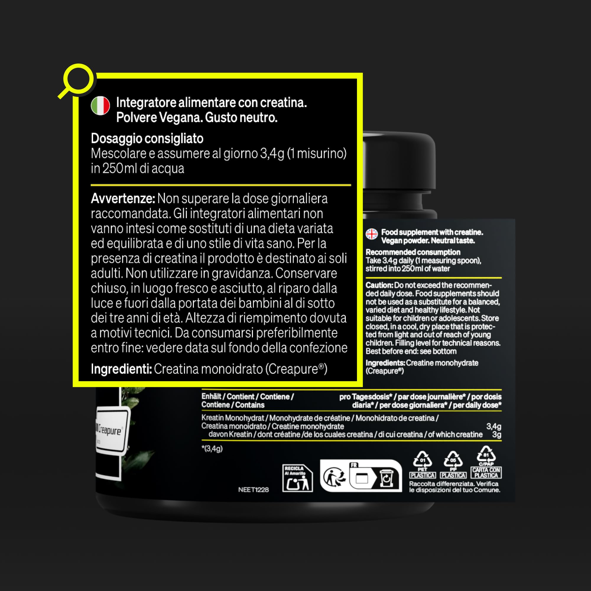 Creatina Monoidrato in Polvere - Materia prima di marca Creapure® - 147 porzioni (500 g) - Ultrafine: Mesh Factor 200 - Insapore e vegan - Polvere Pura senza Additivi Superflui - Prodotta in Germania