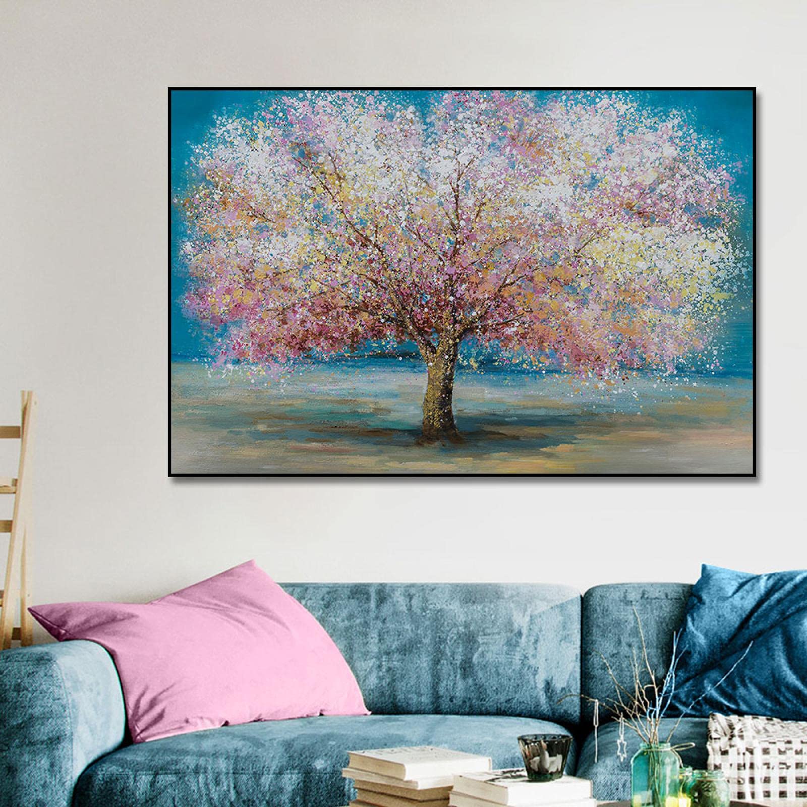 キャンバス油絵専用カラフルなお花とモノトーンの食器があるテーブル