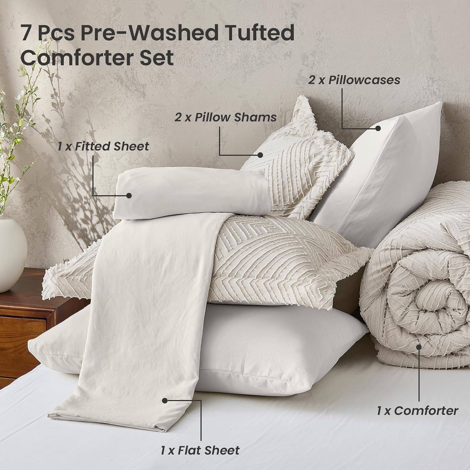 JOLLYVOGUE Full Size Comforter Set 7-Piece, Boho Tufted Bed in a Bag, Khaki