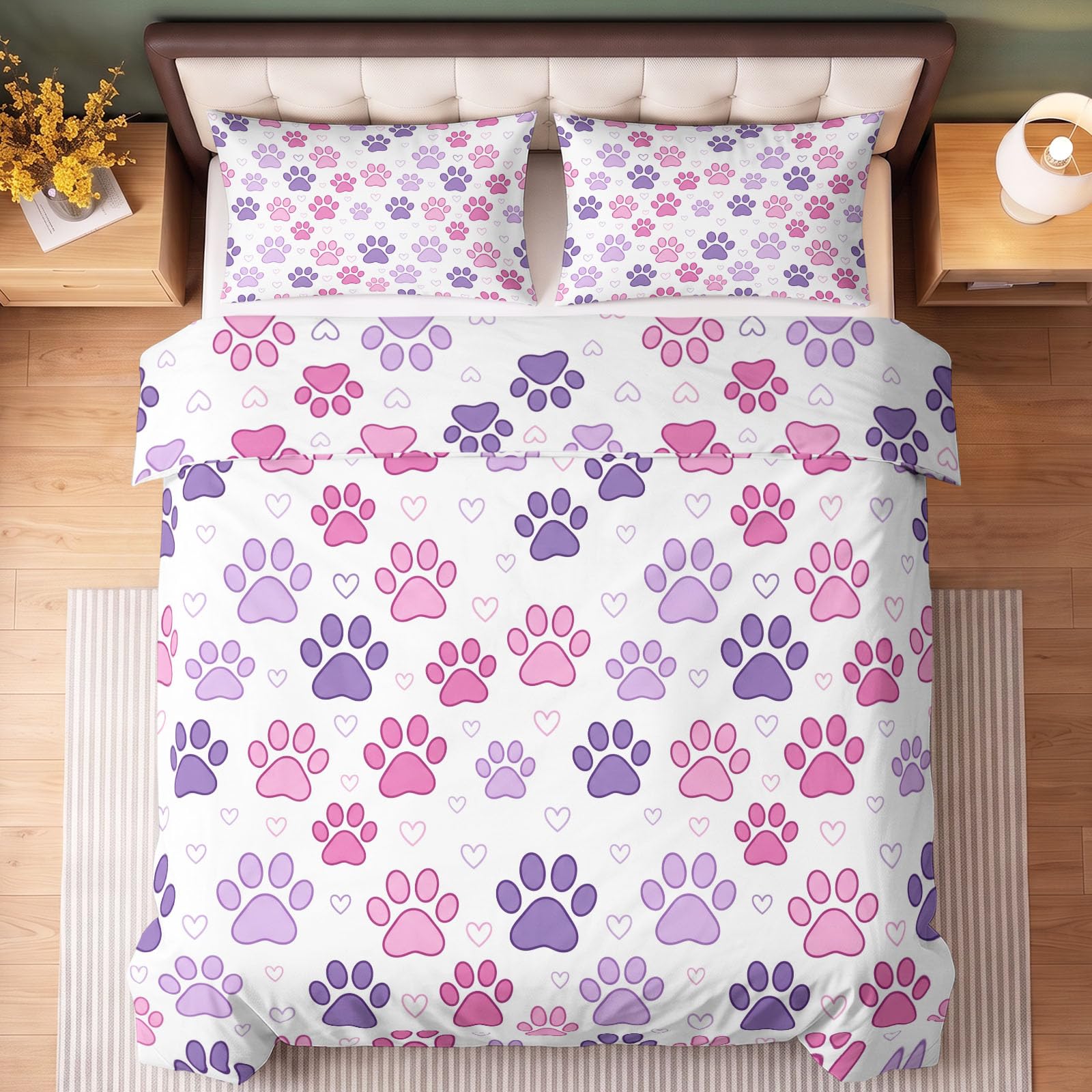 Funda de edredón reversible con estampado de patas, color rosa y morado