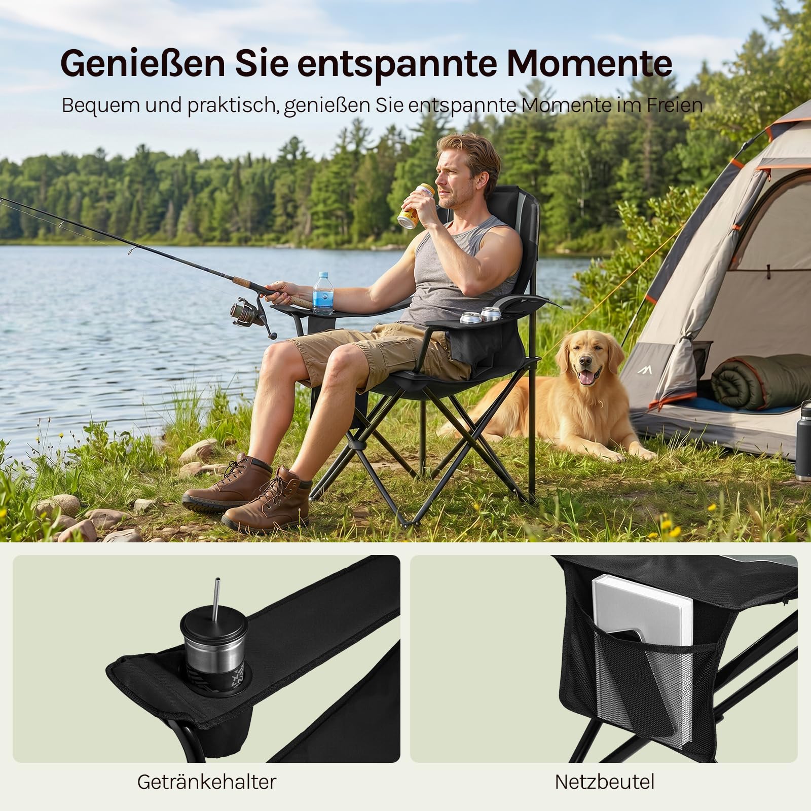 WOLTU Klappbarer Campingstuhl Hochrückig mit Kühltasche, Kopfstütze & Getränkehalter, Angelstuhl Gartenstuhl, Campingsessel bis 180kg Tragkraft, Wasserdicht 600D Oxford