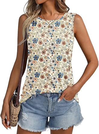 ORANDESIGNE Womens Floral Tank Tops Crewneck Sleeveless Casual Shirts