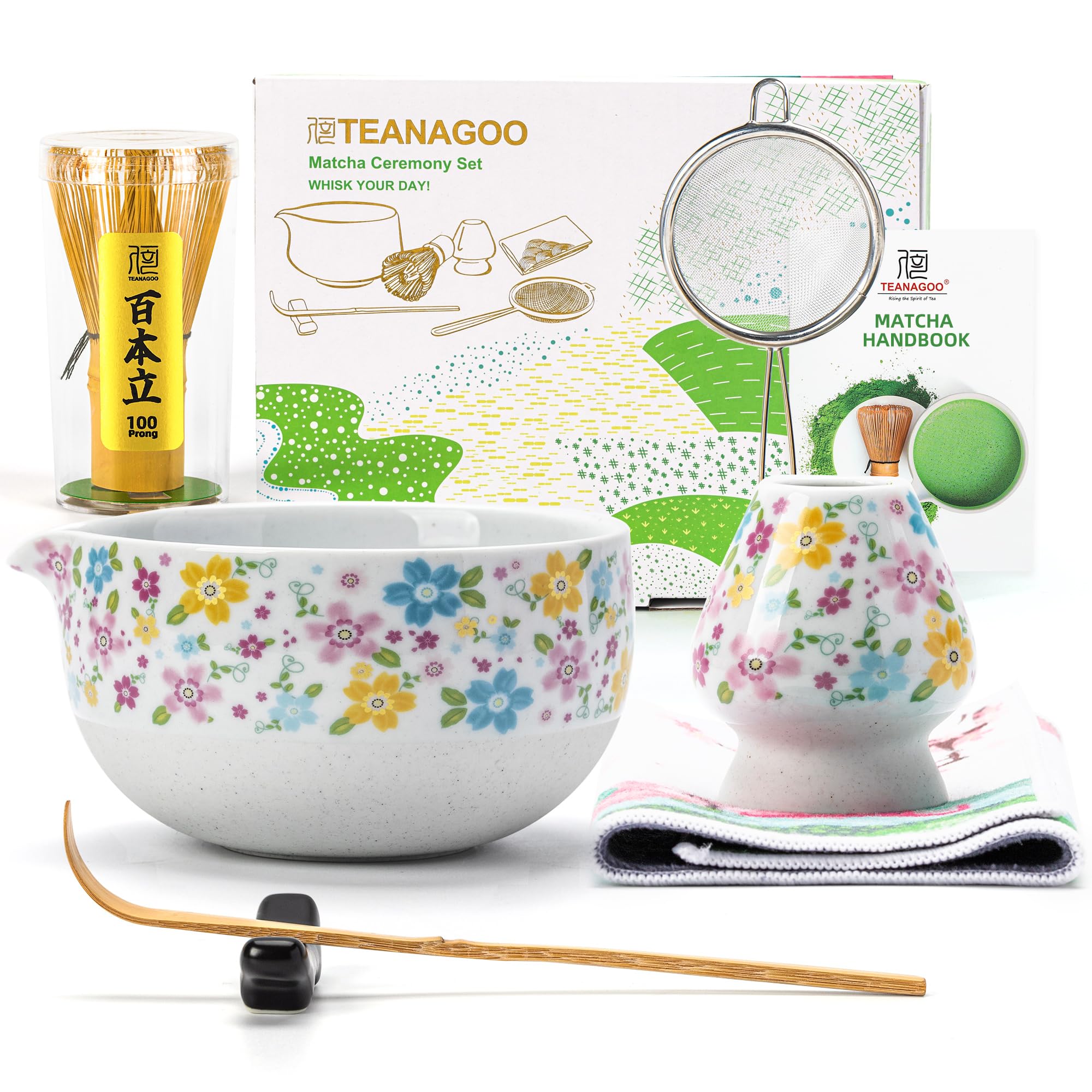 TEANAGOO Matcha Schneebesen Set,7 Stück Matcha Set Weiß,Zeremonie Matcha Set,Matcha Tee Set zur Zubereitung von Milchkaffee,Keramik Schale(chawan) mit Ausguss und Schneebesen, Matcha Liebhaber