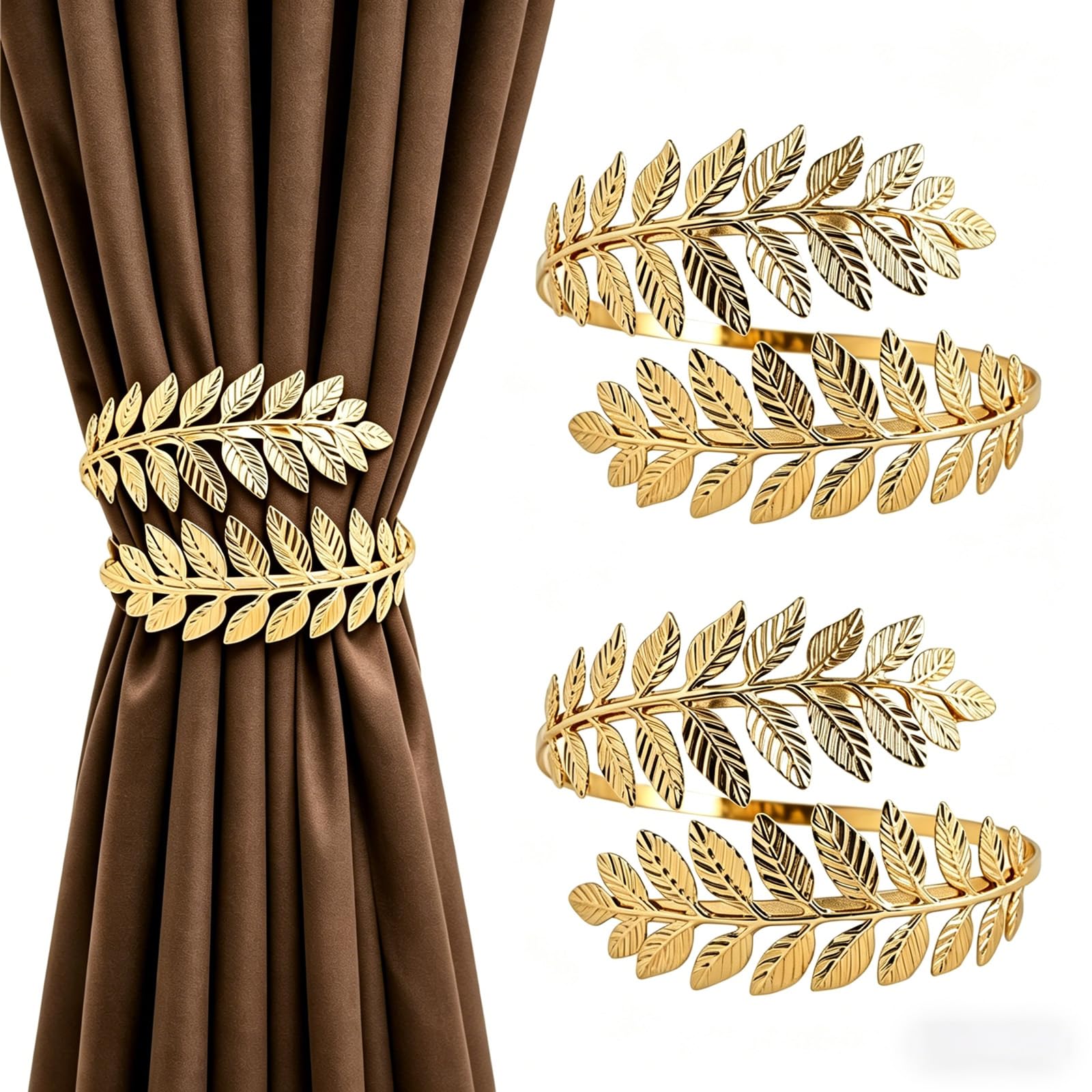 Curtain Tiebacks, Elegant Tiebacks with Binding Ropes for Curtains, Curtain Tiebacks for Living Rooms, Bedrooms and Offices (Golden leaves) — image 1