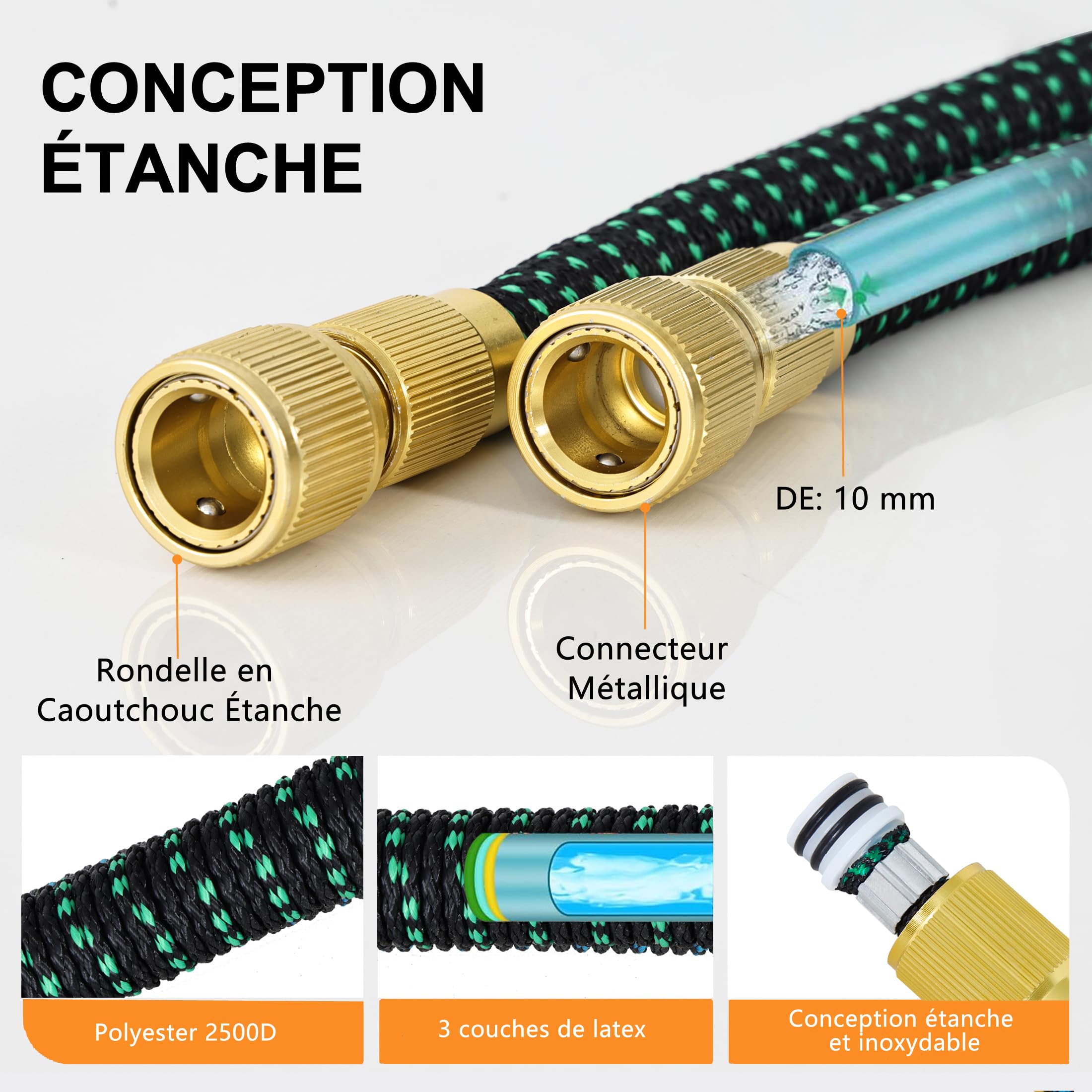Manguera Flexible Jardín 37,5 m, Extensible x3, Pistola 10 Modos | De 12,5 a 37,5 m; TPE 2500D reforzado, pistola de 24 cm con 10 modos y conectores metálicos de 1/2" y 3/4" para jardín.