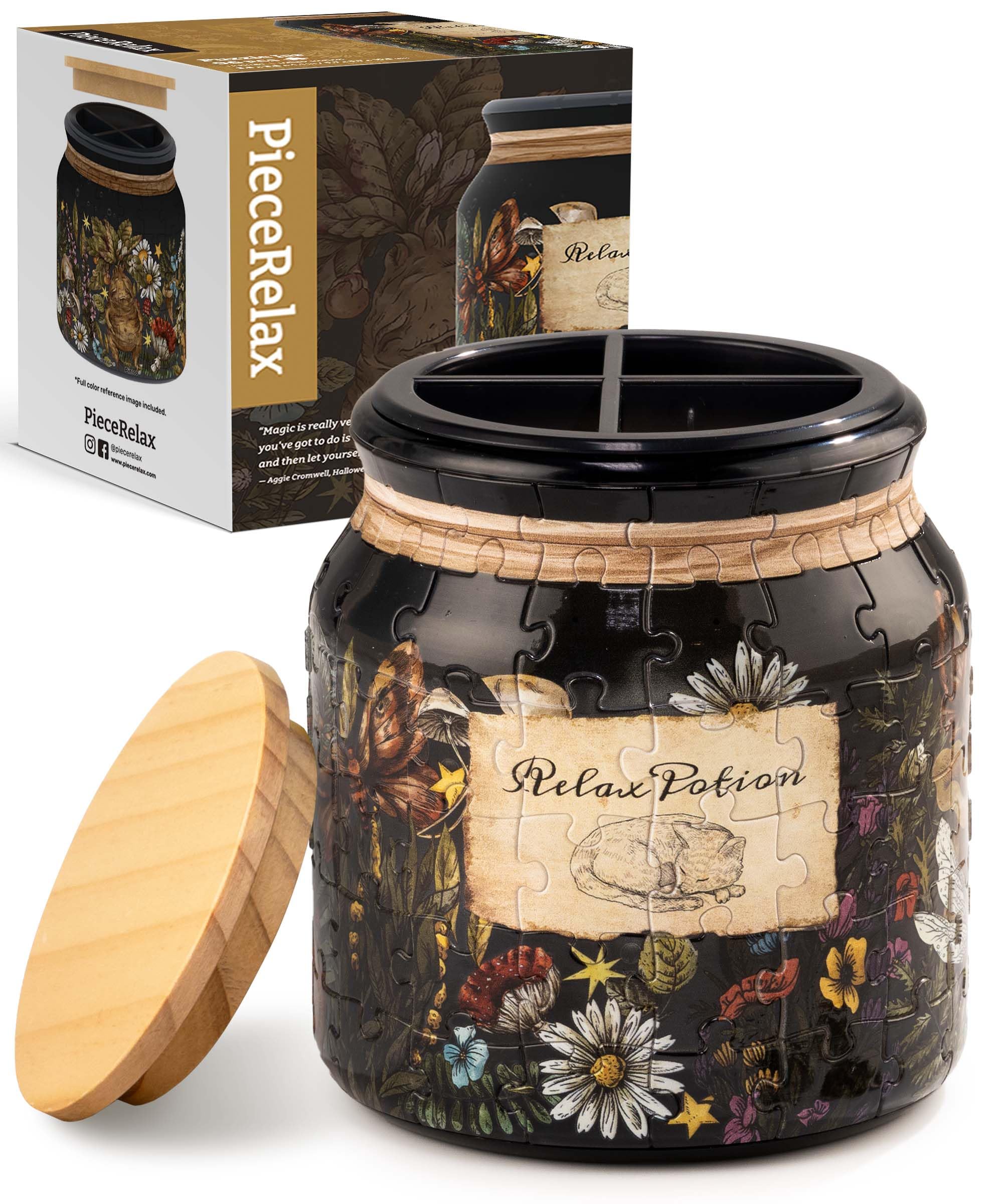 PieceRelax 3D Puzzle Jar 96 Plastic Pieces for Adults - Relax Potion - Use Includes Divider as Pen and Utensils Holder with Wooden Lid for Kitchen