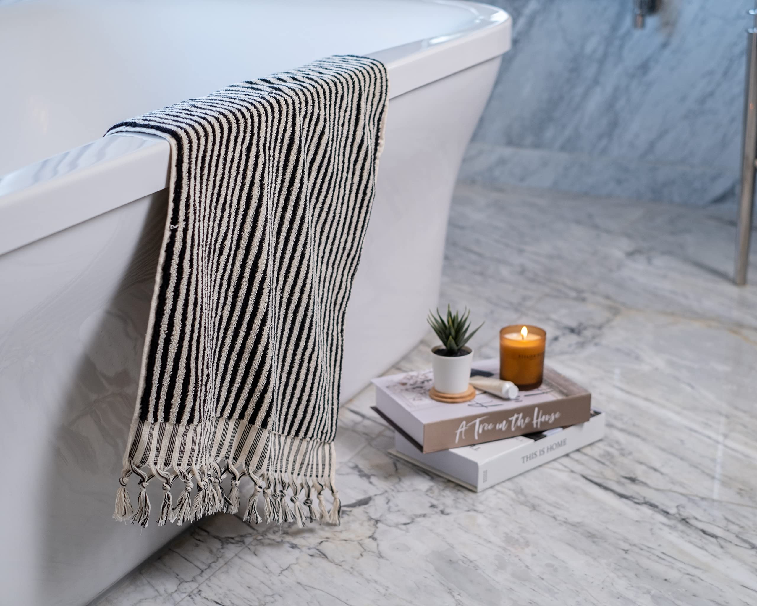 Striped Hand and Bath Towels for Bathroom | Set of 2 Hand Towels | Organic Turkish Cotton | Large Soft Plush Fluffy Absorbent Ribbed Bath Towels (Hand Towel Set, Black)