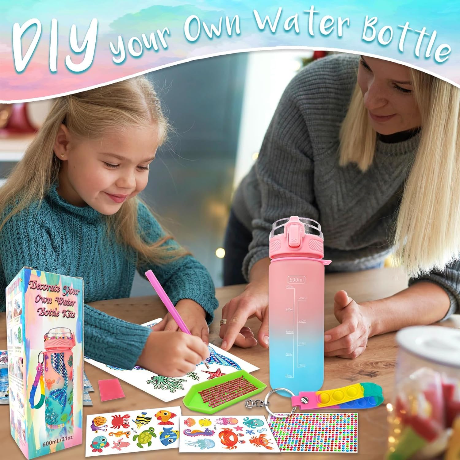 Goorder Regalo Bambina 6 7 8 9 10 11 12 Anni, Kit Borraccia Fai Da Te con Gemma Sirena Adesivi, Regalo per Ragazze per il Rientro a Scuola, Natale, Compleanno