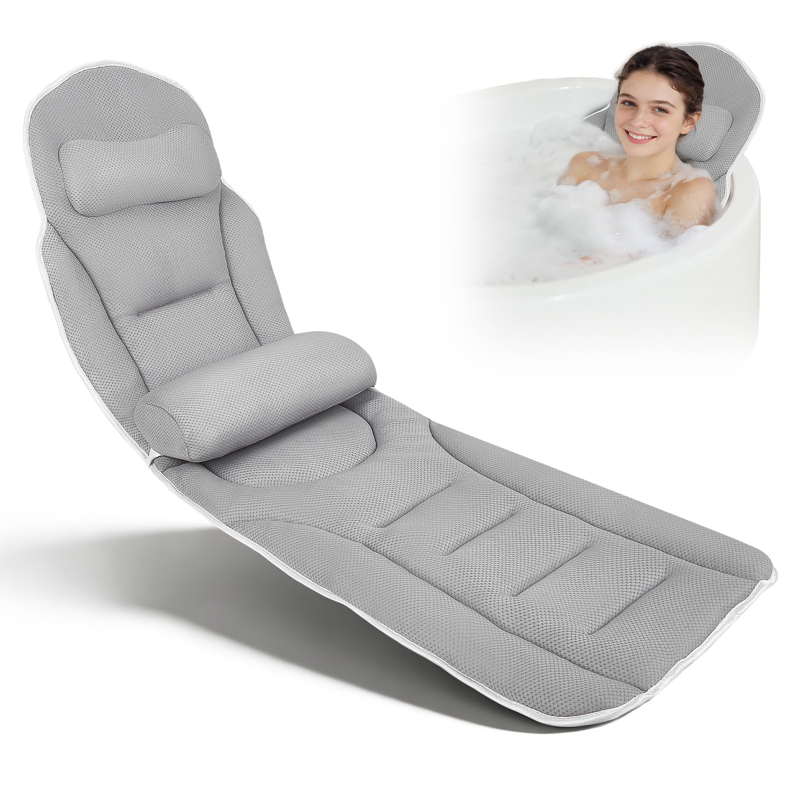 Badewannenkissen Ganzkörper 131 * 38cm, Badekissen mit Kopfstütze und Abnehmbares Taillenkissen, Kissen für Badewanne mit Hängehaken, Unterstützt Nacken Rücken, Schnelltrocknend, Hautfreundlich(Grau)