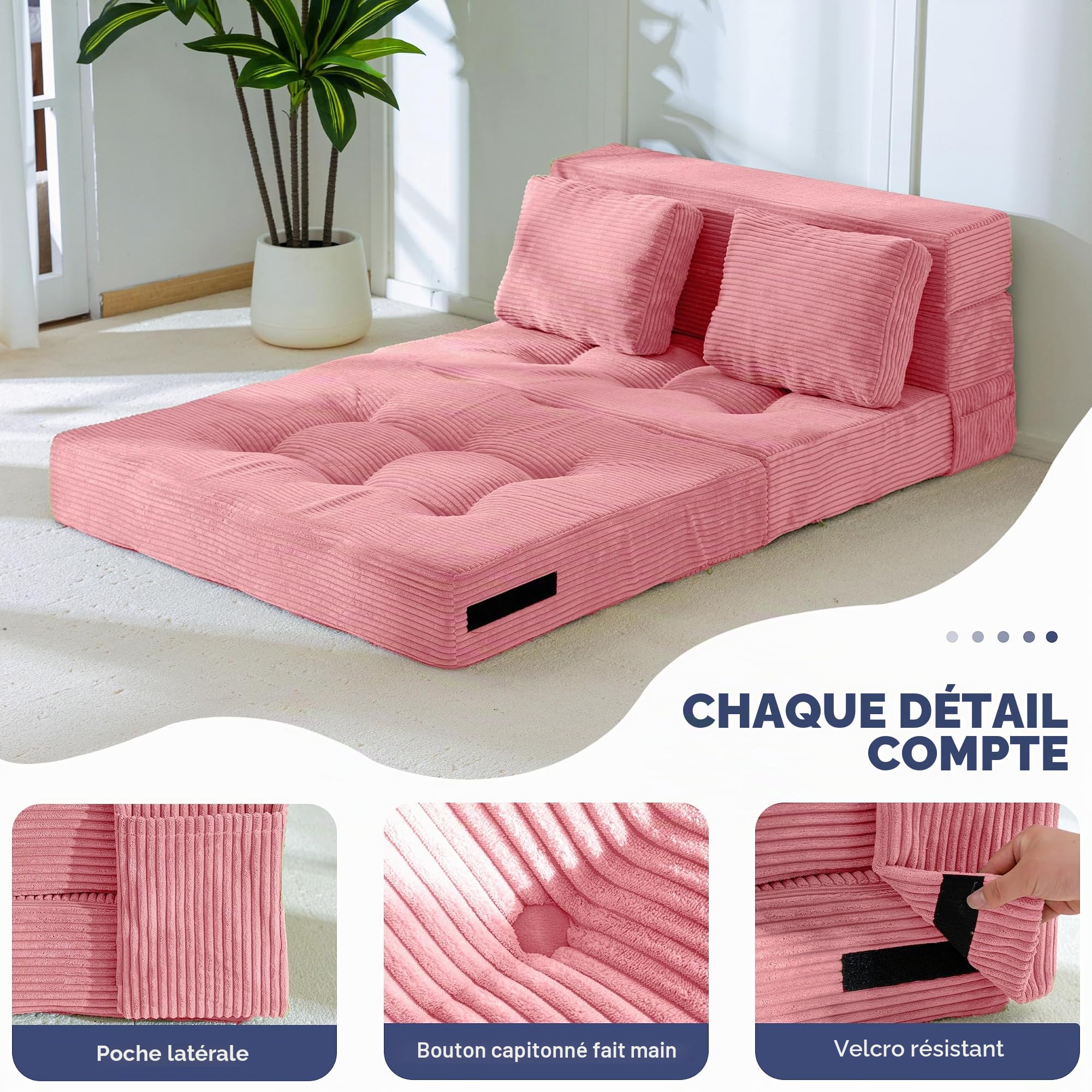 MAXYOYO Canapé-lit avec Matelas Pliant Confortable en 4 Parties de 15 cm d'épaisseur et 1 Coussin, canapé Pliant avec Fonction de Sommeil, Matelas d'invités Pliable