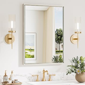 Keonjinn 22 x 30 Inch Brushed Nickel Bathroom Mirrors for Over Sink | Beveled Rectangle Framed Mirrors for Wall, Anti Rust, Farmhouse Bathroom Vanity Mirror, Safety Tempered Glass, Square Corner
