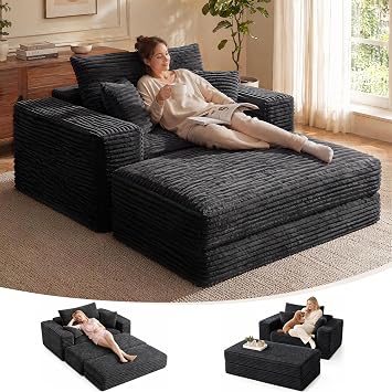 82" Boneless Oversized Sleeper Chaise Chair with Ottoman, Black Sofa Bed | 82.6" Sleeper Sofa Bed, 60.2" Chair and Chaise Lounge Mode, Movable Ottoman as Footrest or Soft Side Table, No Assembly