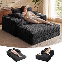 Gericco 82" Oversized Boneless Sleeper Chaise Chair with Ottoman, Black Corduroy Convertible Sofa Bed, Foam Cushioning & Spring Support, No Assembly, Living Room Bedroom