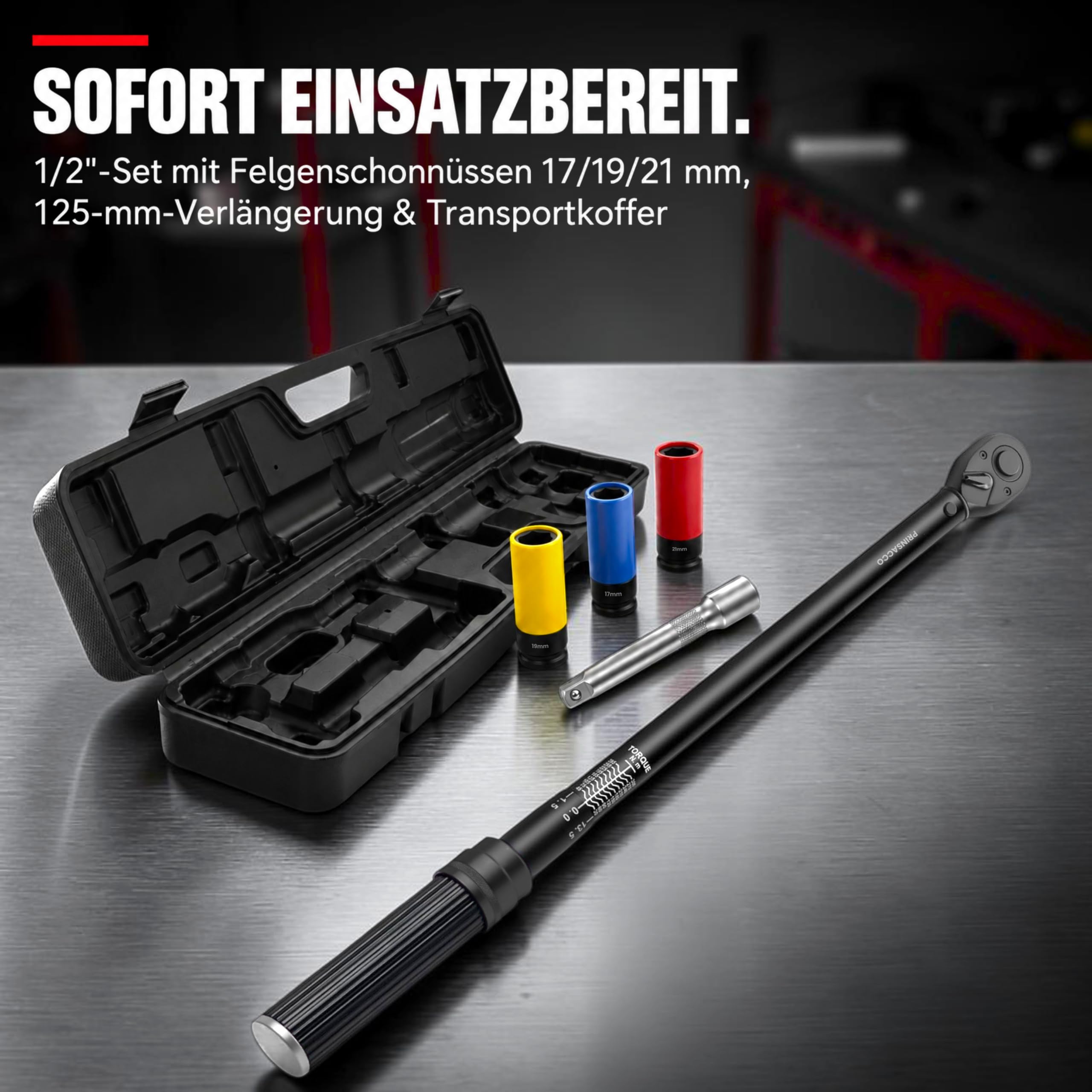 Drehmomentschlüssel 1/2 Zoll 60–330 Nm Vollmetall, ±3% Genauigkeit, 72-Zahn-Ratsche, ISO-6789-Kalibrierzertifikat, 3 Felgenschonnüsse & 125-mm-Verlängerung