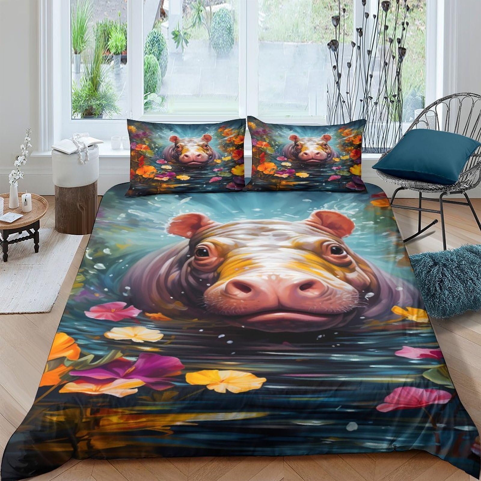 Ctjqhvkz Style-4 3D Printed Hippo Water Lily Fitted Sheet Microfiber Soft Anti-Slip Bed Sheet Bedroom Guest Room Decor Single（135X200cm）