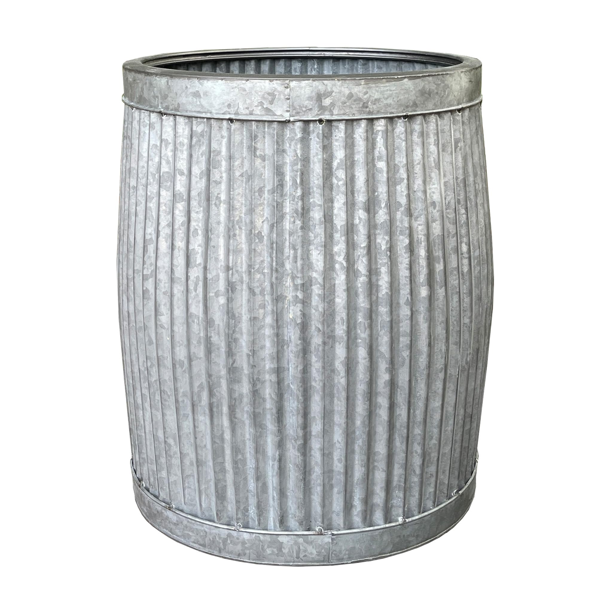 Alfie Francis 35cm DIA x 43.5cm H Large Galvanised Metal Garden Planter Outdoor Plant Pot Vintage Ribbed Barrel Tub Decoration
