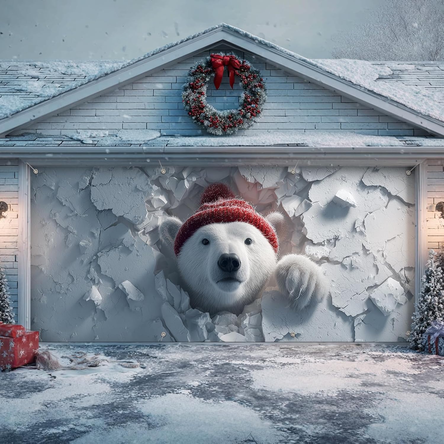 Christmas Garage Door Cover 7 x 16 Ft Decoration with Elastic Bands, Easy to Install, Large Banner Background for Outdoor Home Garage Door Party Décor - Polar Bear 2