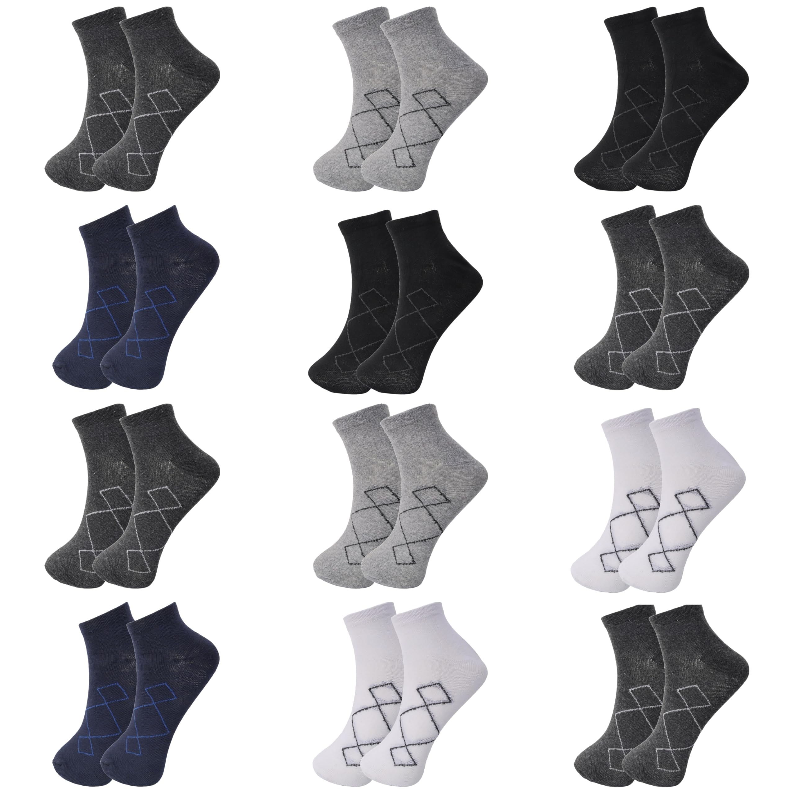 London HillsAnkle Length Socks for Men - Sports and Cotton Assorted (Pack of 12) - Colours and Styles May Vary