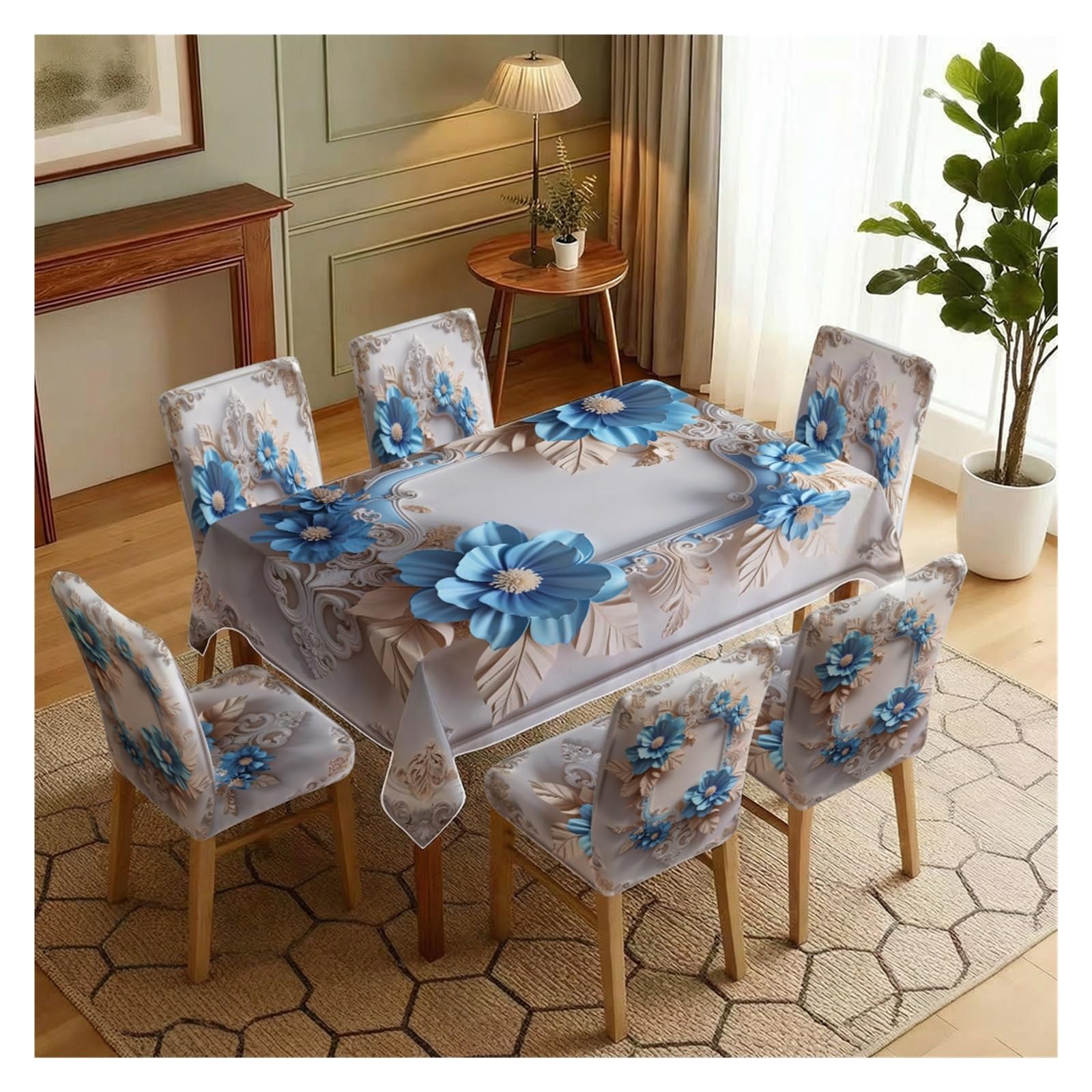 KXUAUV Blue Floral Baroque Print Tablecloth & Chair Covers Set, Slipcovers For Dining Room, Kitchen, Luxury & Elegant Decor, 5/7 Pack Party Decor(7pcs Set: Tablecloth+Chair Covers)