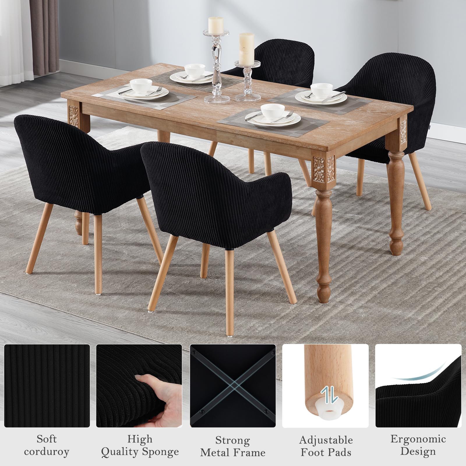 WOLTU Chaise de Salle à Manger avec Accoudoir, Chaise Rembourrée avec Pieds en Bois Massif, en Velours Côtelé, Noir, EZS26sz-1