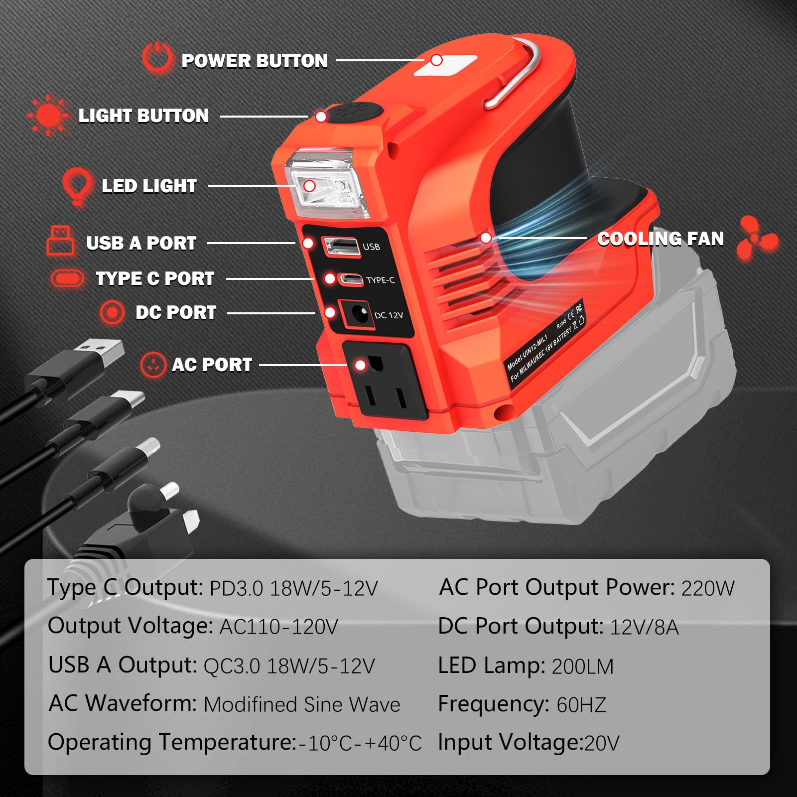 220W-Netzteil-Wechselrichter für Einhell 18V-Akku, DC 18 V auf AC 220 V Wechselrichter-Generator, USB-Stromquellenadapter für Einhell Power X-Change mit DC Port & LED-Licht & AC-Steckdose (ohne Akku)