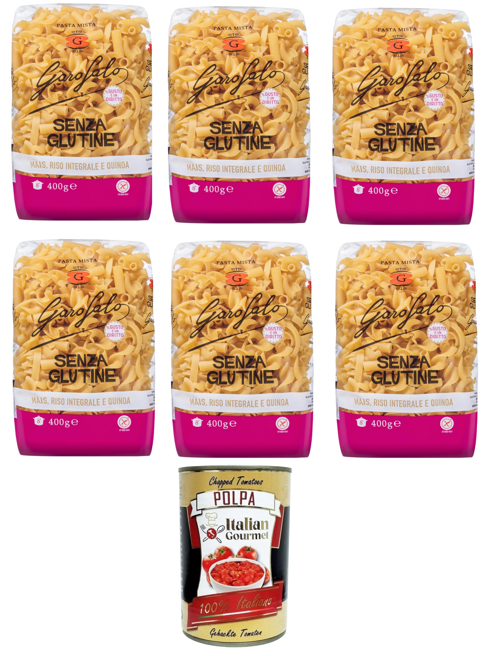 Garofalo Pasta Mista Senza Glutine,Glutenfreie Pasta aus Mais, Naturreis und Quinoa 6x 400gr + Italian Gourmet polpa 400g