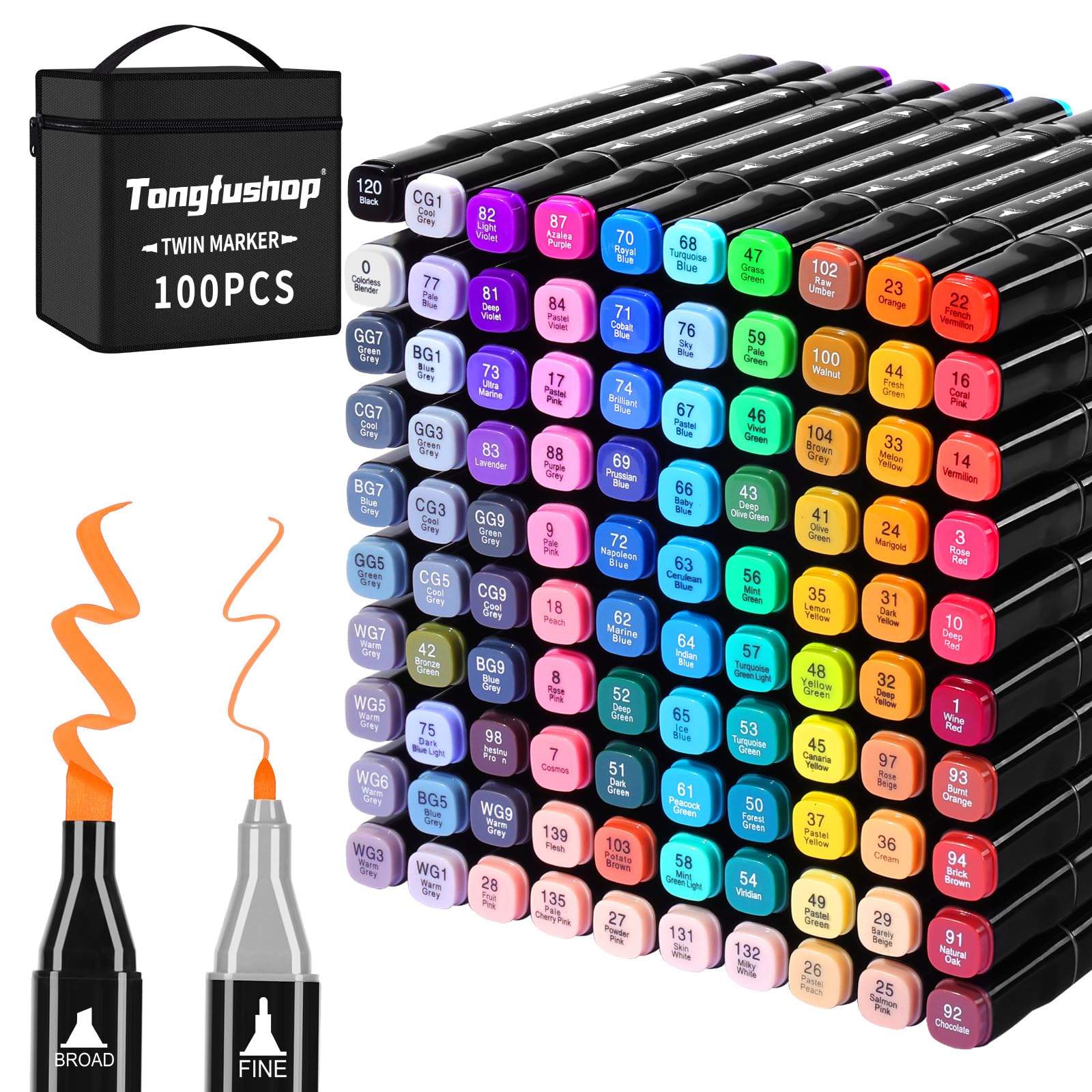 Tongfushop Marcatore 100 Colori, Pennarelli Doppia Punta, Pennarelli Professionali, Pennarelli ad Alcool con Borsa e Distanziatore, Adatti per Sketch, Colorare, Illustrazioni, Disegnare, Anime