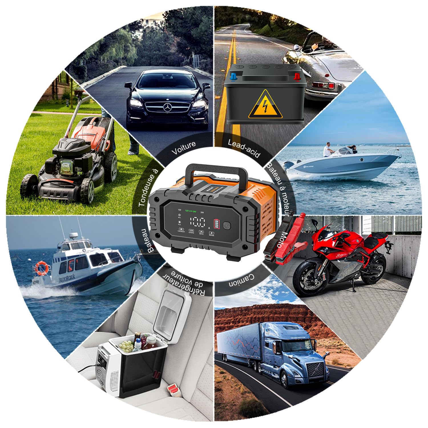 Chargeur de Batterie Intelligent 10A, 12V 24V LiFePO4 Chargeurs de Batterie pour Auto, Mainteneur de Automatique avec Compensation de Température pour Voiture Moto Camion, AGM, Gel, Wet, SLA