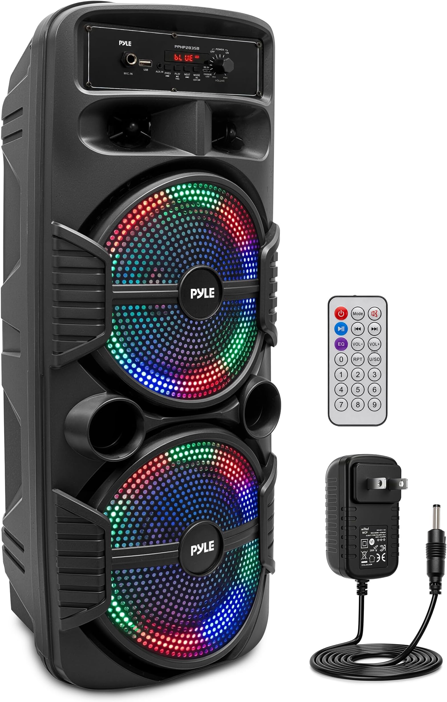 Portable Bluetooth PA Speaker System - 600W Rechargeable Outdoor Bluetooth Speaker Portable PA System w/ Dual 8” Subwoofer 1” Tweeter, Microphone In, Party Lights, USB, Radio, Remote - PPHP2835B