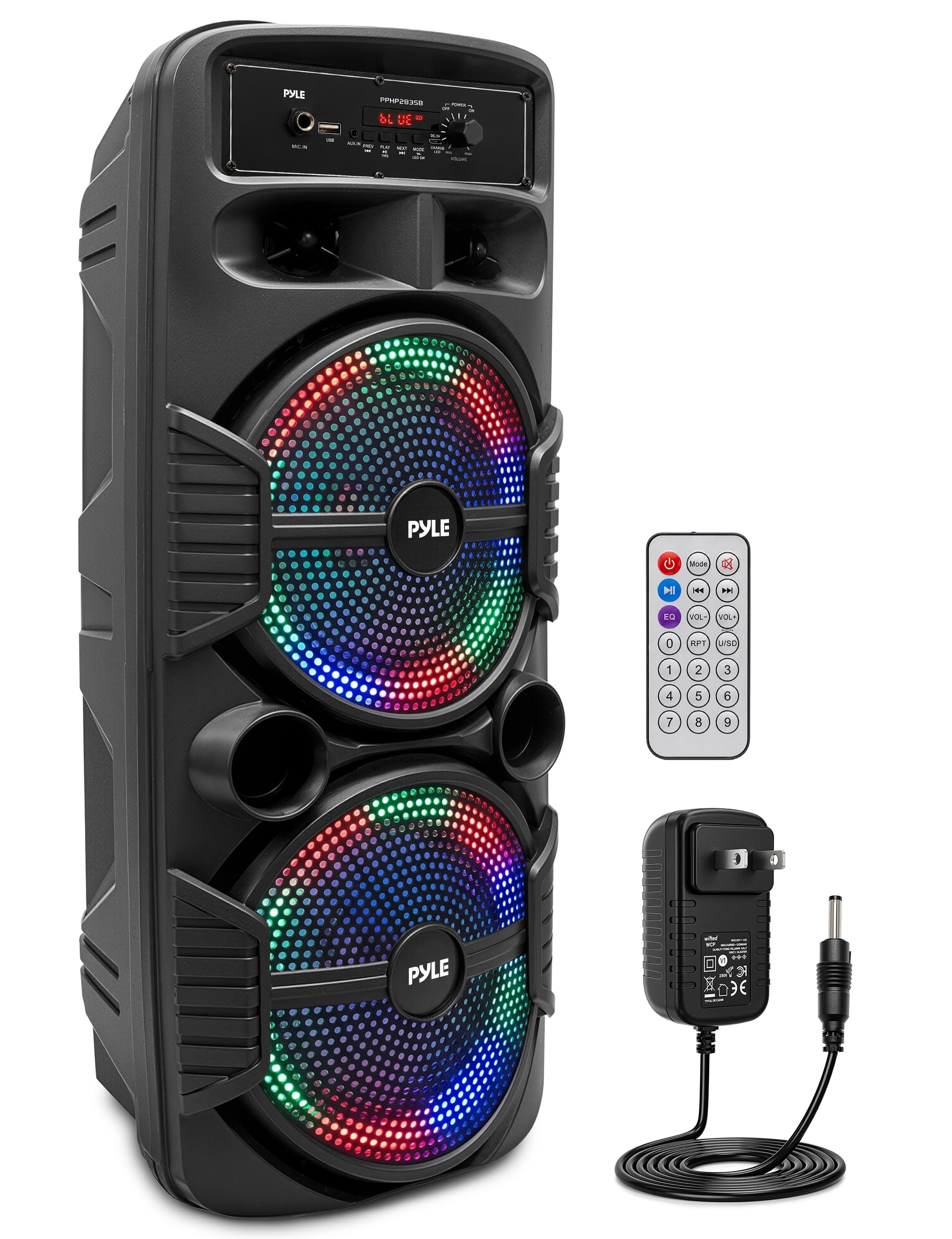 Photo 1 of **NO POWER PLUG OR REMOTE*****Pyle Portable Bluetooth PA Speaker System - 600W Rechargeable Outdoor Bluetooth Speaker Portable PA System w/ Dual 8” Subwoofer 1” Tweeter, Microphone In, Party Lights, USB, Radio, Remote - PPHP2835B