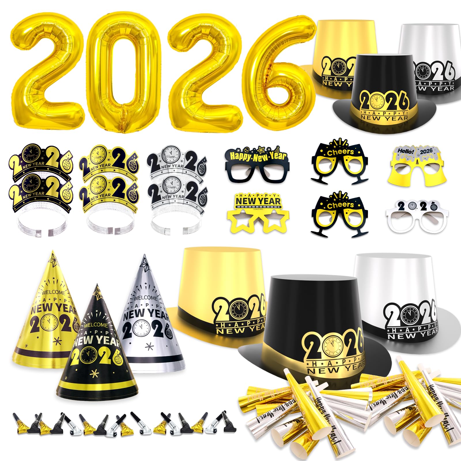 New Years Eve Party Supplies 2026 for 24 Guests, Happy New Years Decorations Party Favors Includes Top Hats, Tiaras, Glasses Accessories for Adults Kids Nye Decorations 2026