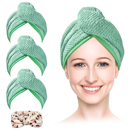 Microfiber Hair Towel H.VERONNEX 3+1 Pack Hair Turbans for Wet Hair, Hair Towel Fast Drying for Drying Curly, Long and Thick Hair (Turquoise)