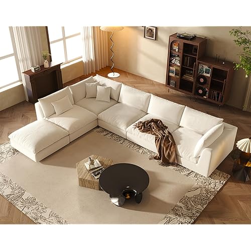 Oversized Modular Sectional Sofa,Cloud Couch Deep Seat Sofa Cushion Covers Removable, Oversized Sectional Couches for Living Room (6 Seater-Cream White)