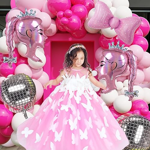 Miniatura 4 de 2 globos de papel de aluminio de princesa rosa, arco de cabeza de niña, globos de corona de muñeca para decoración de fiesta temática de princesa,