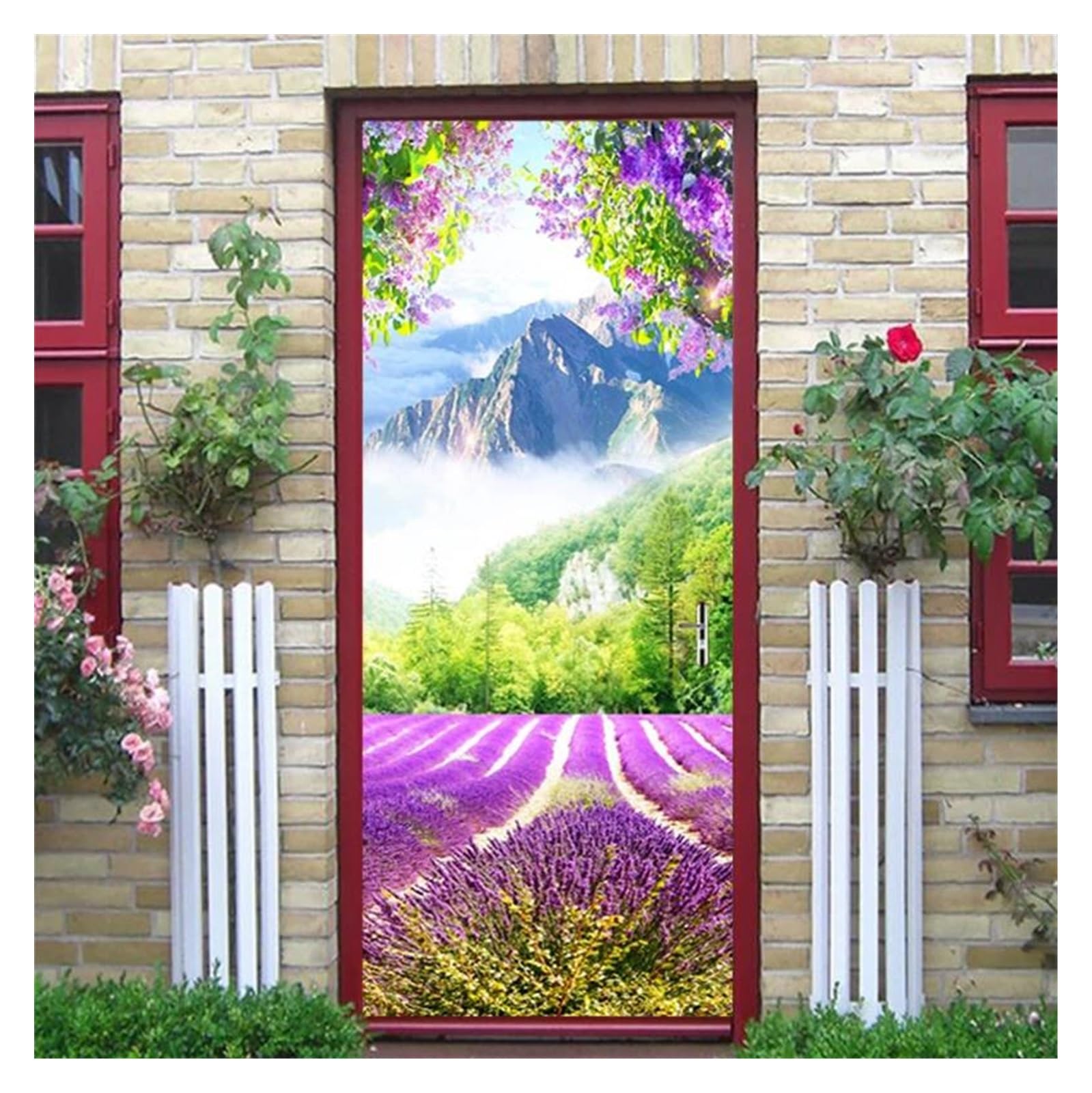 Autocollant de porte PVC paysage de forêt champ de fleurs 90x200cm