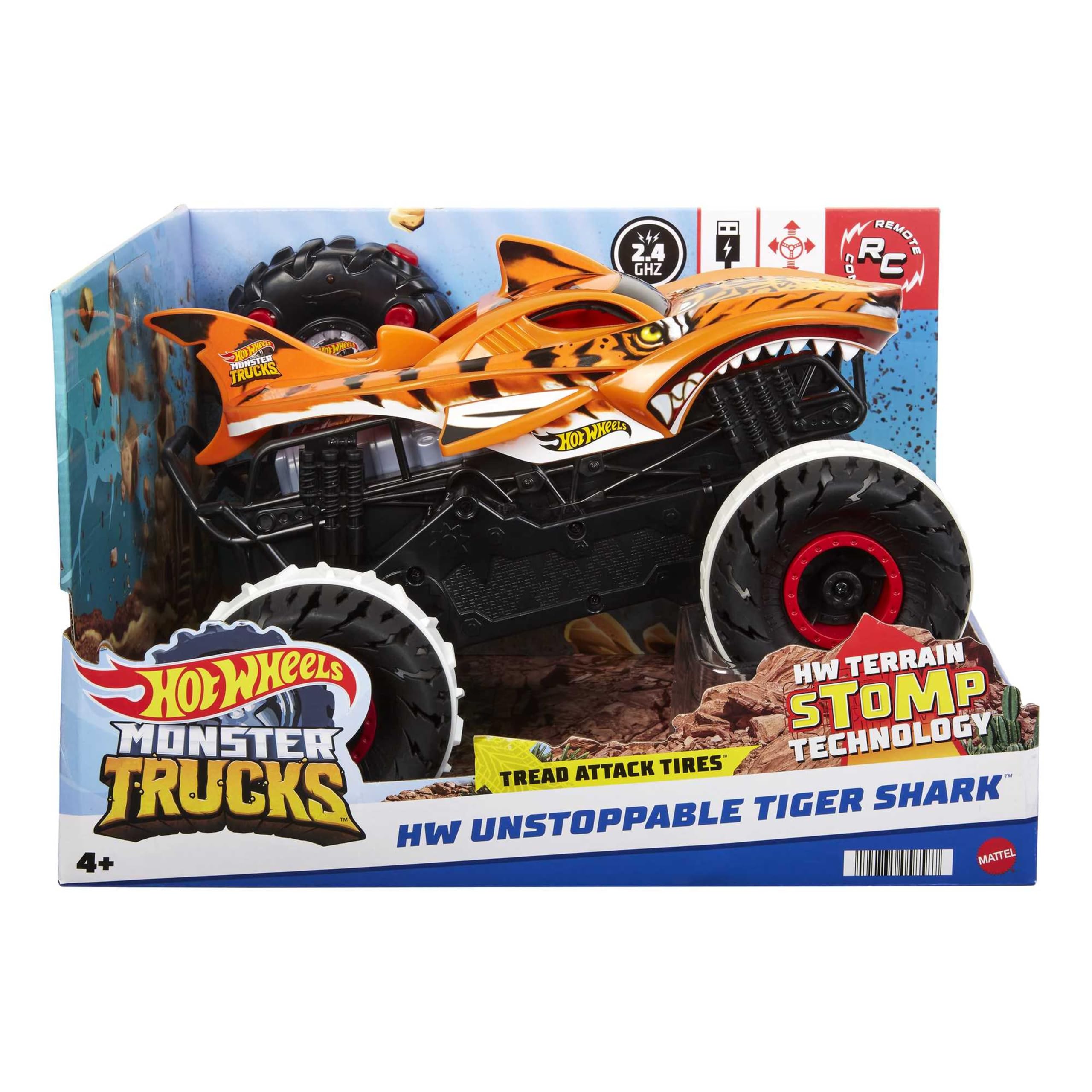 Hot Wheels Monster Trucks Voiture Télecommandé, Requin-Tigre Inarrêtable avec Pneus Tread Attack et Technologie Terrain Stomp, Conduite sur 2 ou 4 Roues, Jouet pour Enfant de 4 Ans et Plus, HGV87