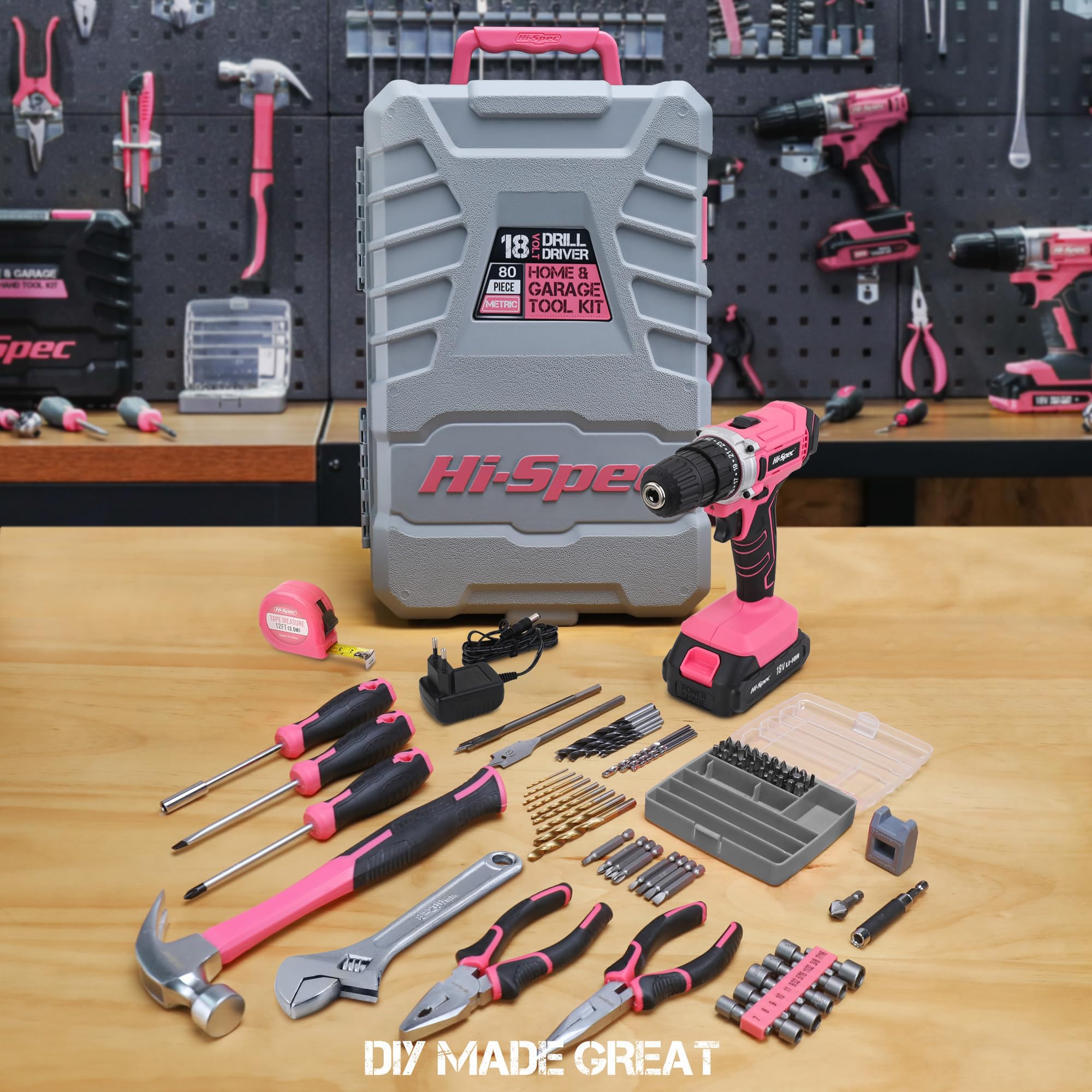 Hi-Spec Caja de Herramientas con Taladro Inalámbrico18V, Rosa | 81 piezas, brocas, destornilladores, alicates y llave, maletín para bricolaje en casa y taller, uso diario