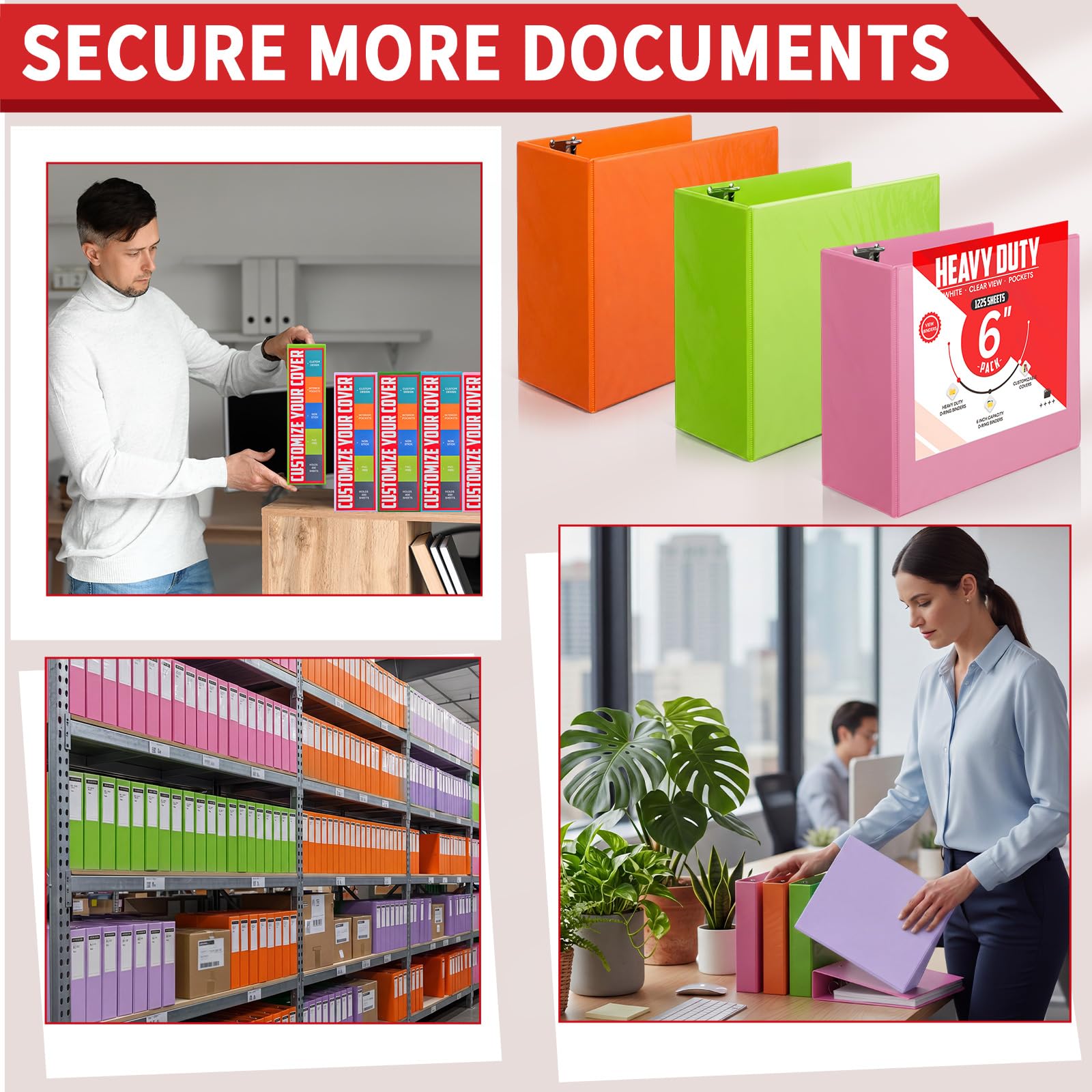 Sinload 4 raccoglitori ad anelli grandi da 15,2 cm, con tasche, 3 anelli, 21,6 x 27,9 cm, cartella per presentazioni, con copertina trasparente personalizzabile per documenti, file e progetti