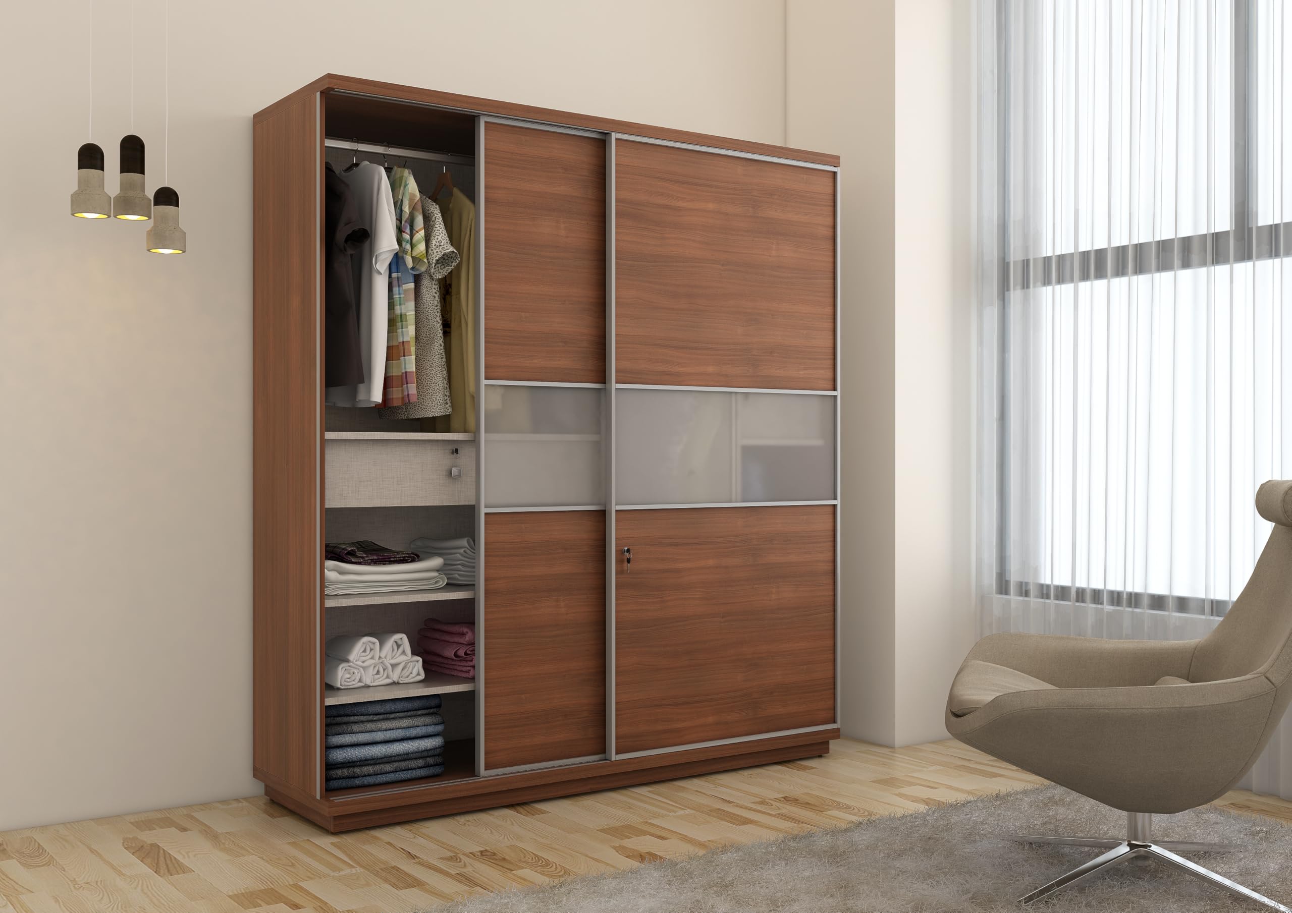 Spacewood Universal 2 Door Sliding Wardrobe | Walnut Rigato Finish | Engineered Wood Almirah with 2 Lockable Drawers & 2 Hanging Spaces | Bedroom Cupboard Almari | 3-Year Warranty-image-19