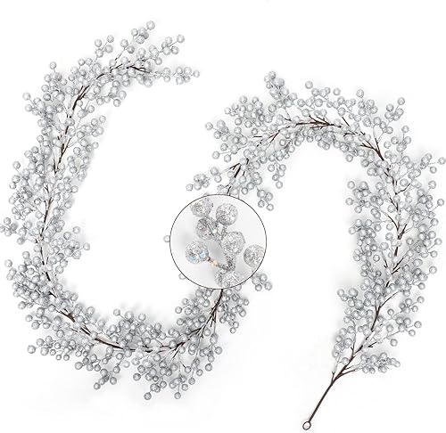 Guirnalda de bayas plateadas para decoración de Navidad, guirnalda de bayas rojas artificiales de 7.8 pies con tallos flexibles para decoración de