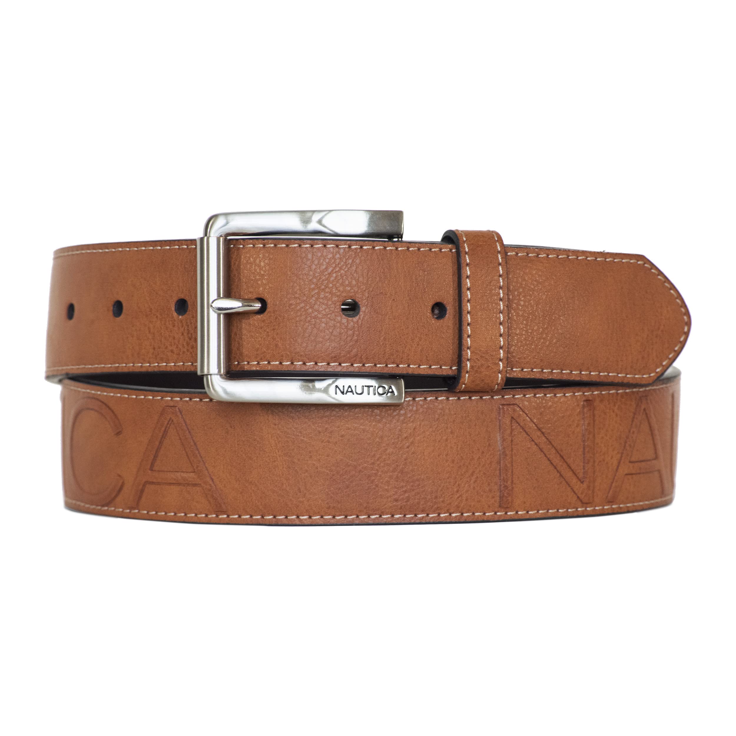 Nautica Mens Signature Leather and Canvas Belt Ribbon Detail Flag Design Classic Casual Metal Buckle