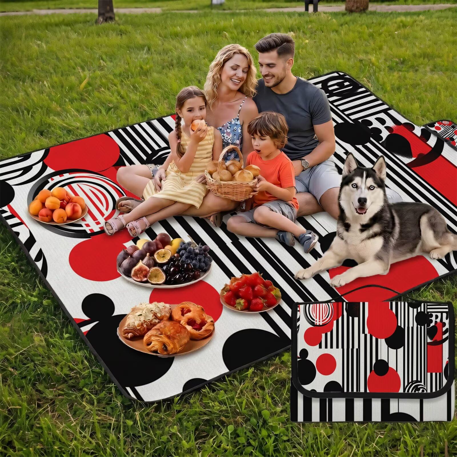 Couverture Pique Nique Grande 200x300cm,Outdoor Couverture Imperméable,Pliable Tapis de Plage Dos en PVC Anti-Sable,Picnic Blanket pour Camping Accessoires,Jardin,Parc - Noir,géométrique UZ-385