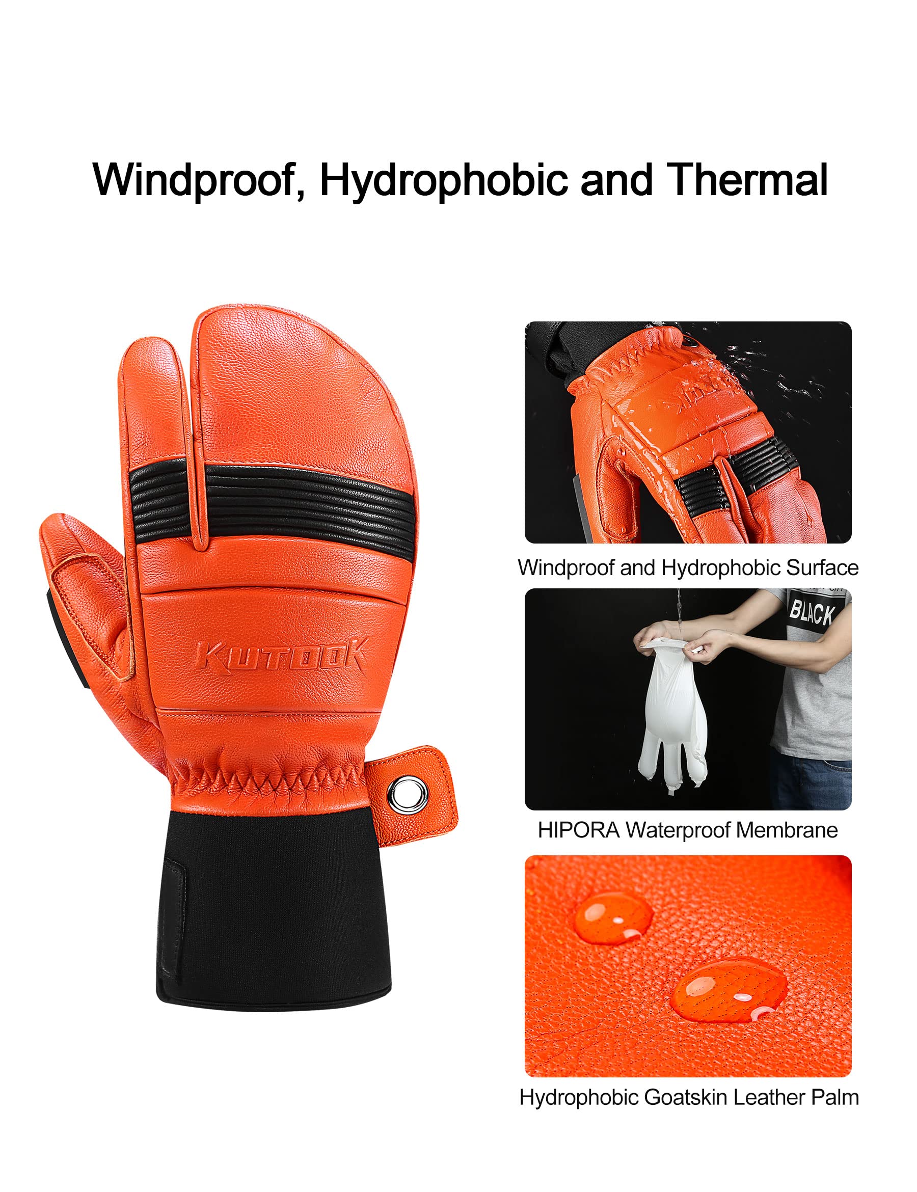 KUTOOK Ski-wanten waterdichte skihandschoenen voor mannen winter leer sneeuw snowboarden geitenleer heren fietsen winddicht dames Thinsulate isolatie thermische fleece sport zwart M