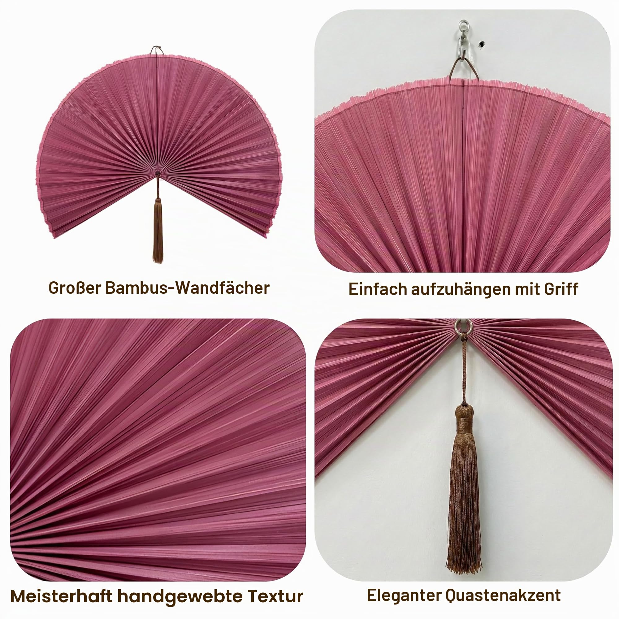 Handgefertigter großer Bambus-Wandventilator, beige dekorativer Ventilator zum Aufhängen an der Wand, Kopfteil oder Wohnzimmerdekor - gewebte Bambuskunst, Boho- & asiatisch inspirierte Heimdekoration