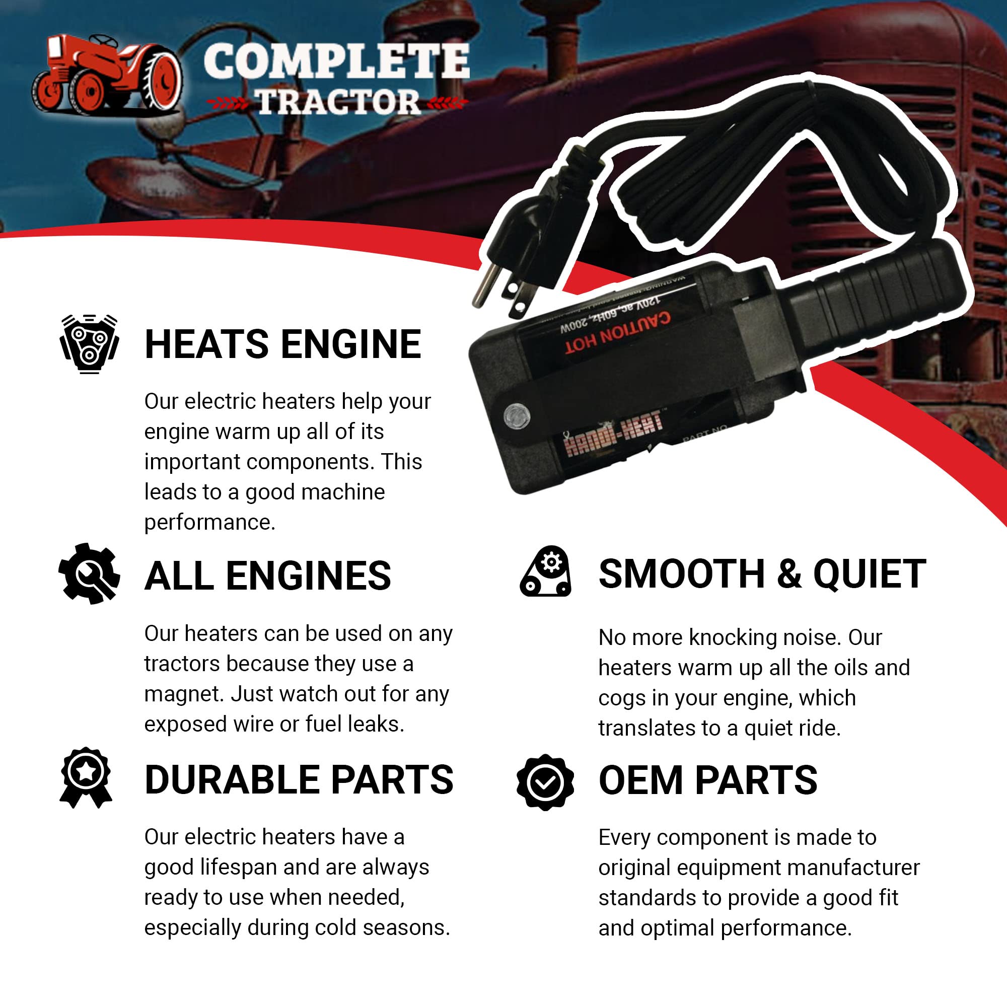 Complete Tractor 3009-1000 Magnetic Heater Compatible with/Replacement for  Ju0026N 500-01078 for Industrial Tractors, OEM Block Heater, Tractor Heater  200-Watt 110V 300-400 Degrees - 8 Sq. Inch Surface : Amazon.ca: Automotive