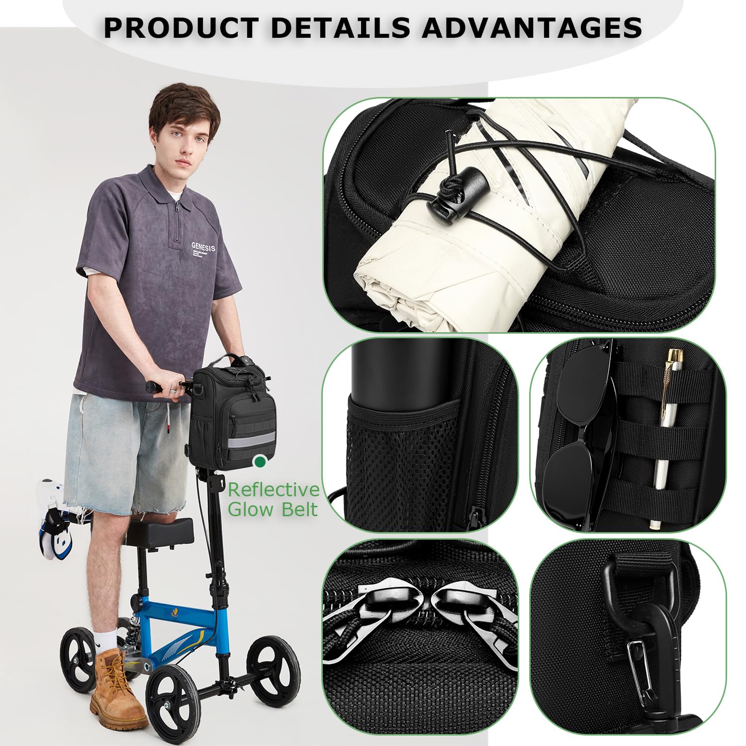 HAMBOLY Bolsa de Transporte para Manillar de Rodilla para Patinete de Rodilla, Color Negro