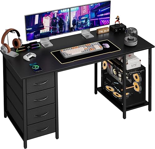 Escritorio para computadora Grandder con 4 cajones, escritorio de oficina de 47 pulgadas con almacenamiento, escritorio para juegos con estantes