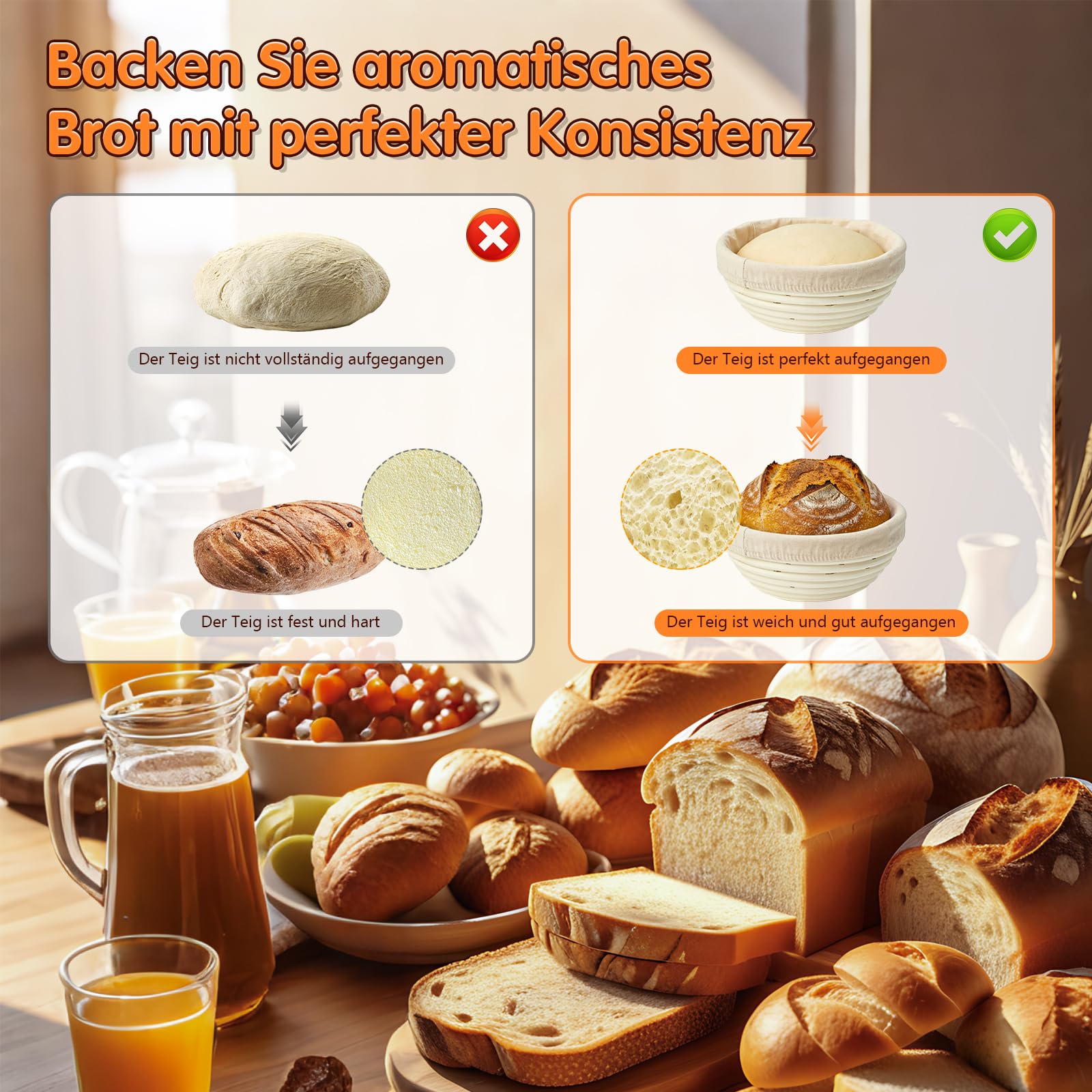 Gärkörbchen Set mit 2 Natürliches Rattan Gärkorb(23cm Runde & 25cm Ovale),Sauerteig Starter Set,Komplettes Brot Backen Zubehör für Anfänger und Erfahrene