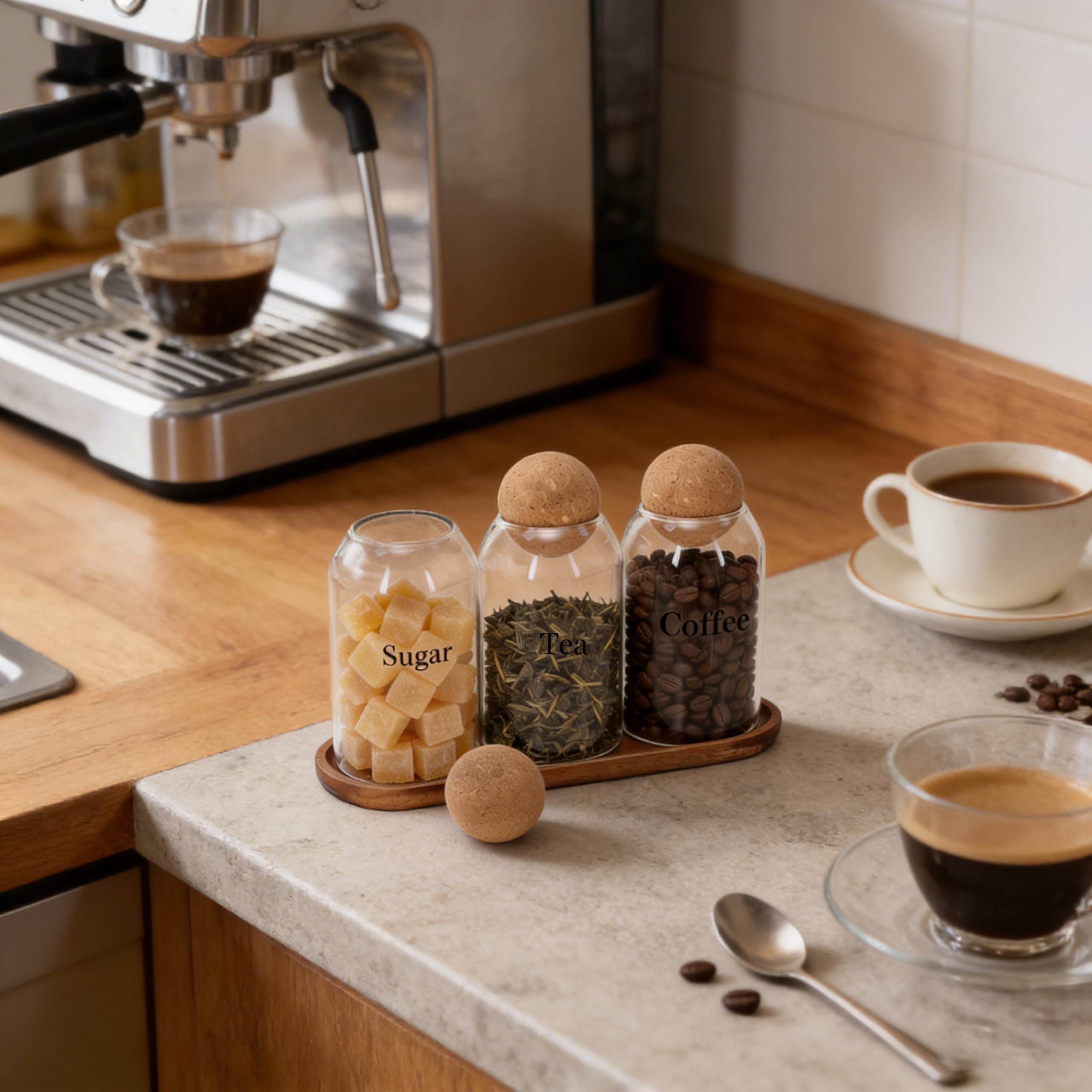 Set di 3 barattoli da caffè da 500 ml, contiene contenitori per caffè, tè e zuccheriera, contenitore in vetro per chicchi di caffè con coperchio in sughero e vassoio in legno, per caffè, tè